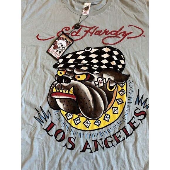 NEW Ed Hardy Deadstock PLUS T-SHIRT Gray Blue BULLDOG LOS ANGELES XXXXL 4XL - Picture 2 of 6